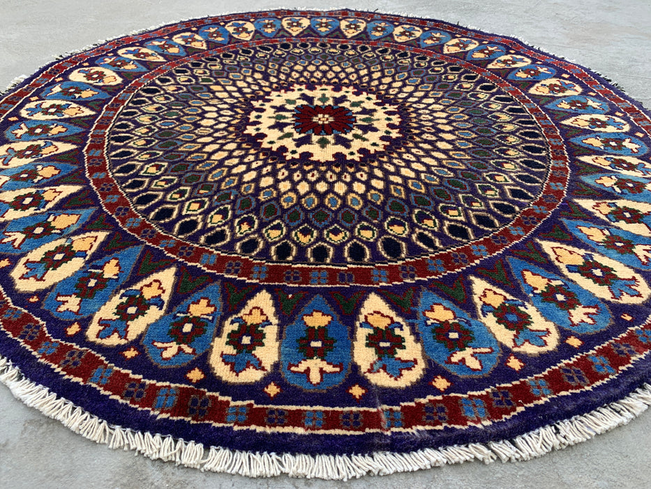 3'4 x 3'3 Hand-Knotted Peshawari Chobi Wool Round Rug - Blue Traditional Medallion Rug - KBHM-570