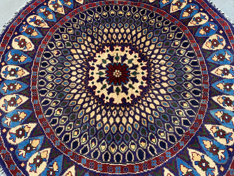 3'4 x 3'3 Hand-Knotted Peshawari Chobi Wool Round Rug - Blue Traditional Medallion Rug - KBHM-570