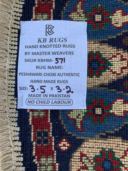 3'5 x 3'2 Hand-Knotted Peshawari Chobi Wool Round Rug - Blue Traditional Medallion Rug - KBHM-571