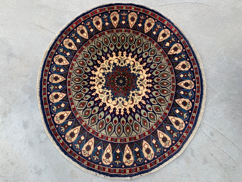 3'5 x 3'2 Hand-Knotted Peshawari Chobi Wool Round Rug - Blue Traditional Medallion Rug - KBHM-571