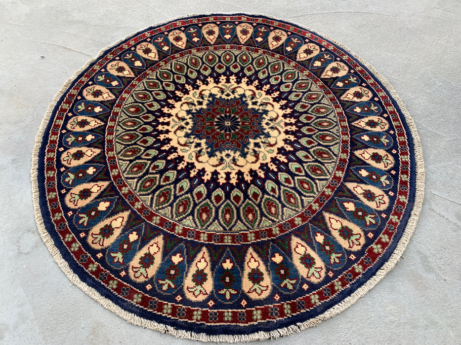 3'5 x 3'2 Hand-Knotted Peshawari Chobi Wool Round Rug - Blue Traditional Medallion Rug - KBHM-571