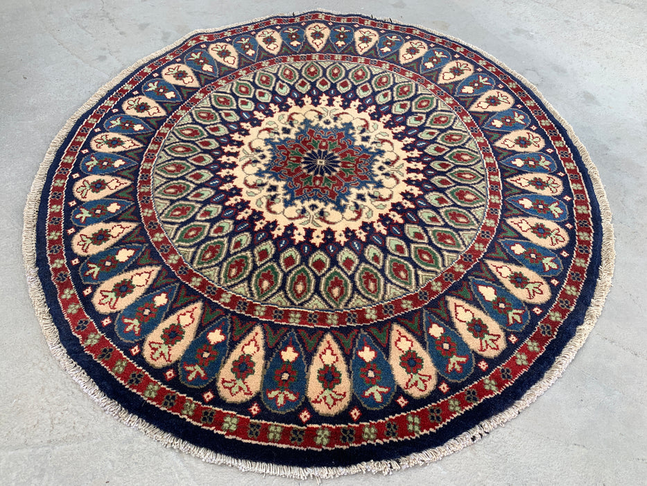 3'5 x 3'2 Hand-Knotted Peshawari Chobi Wool Round Rug - Blue Traditional Medallion Rug - KBHM-571