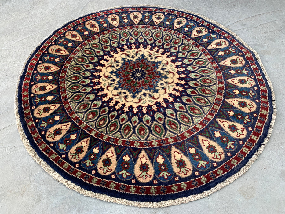 3'5 x 3'2 Hand-Knotted Peshawari Chobi Wool Round Rug - Blue Traditional Medallion Rug - KBHM-571