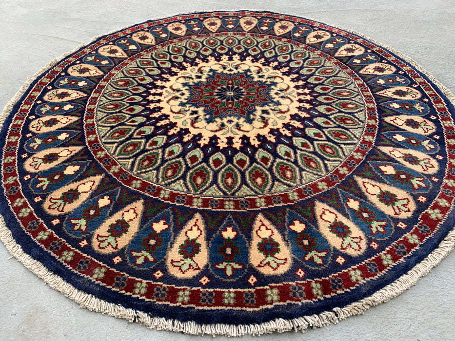 3'5 x 3'2 Hand-Knotted Peshawari Chobi Wool Round Rug - Blue Traditional Medallion Rug - KBHM-571