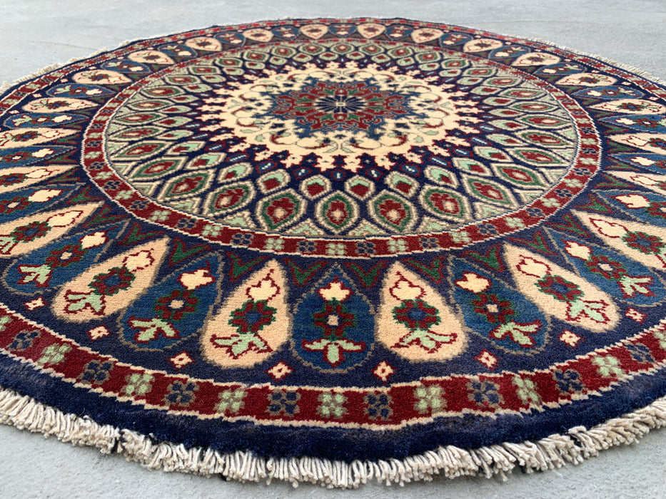 3'5 x 3'2 Hand-Knotted Peshawari Chobi Wool Round Rug - Blue Traditional Medallion Rug - KBHM-571