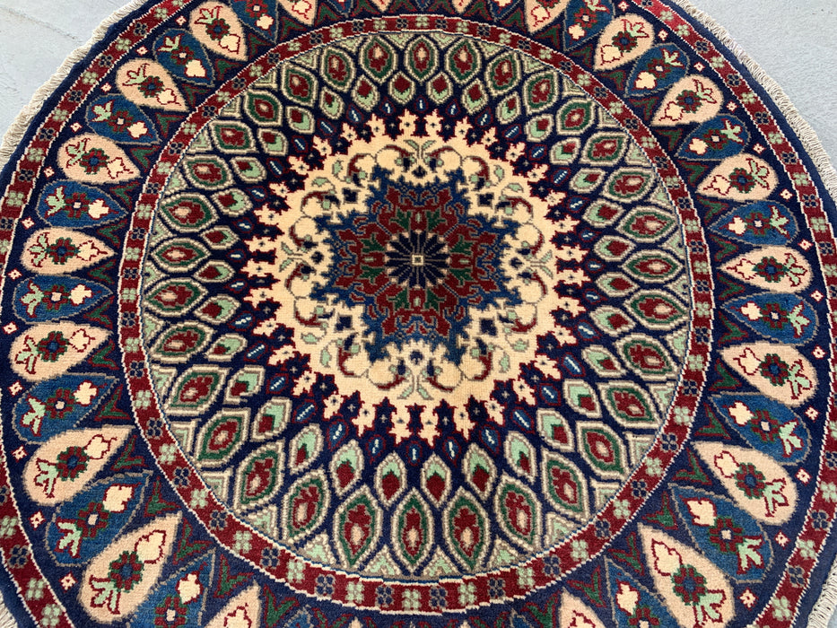 3'5 x 3'2 Hand-Knotted Peshawari Chobi Wool Round Rug - Blue Traditional Medallion Rug - KBHM-571