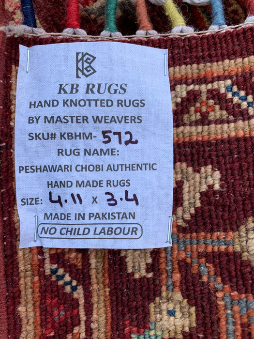 4'11 x 3'4 Hand-Knotted Peshawari Chobi Wool Rug - Burgundy Traditional Floral Area Rug - KBHM-572