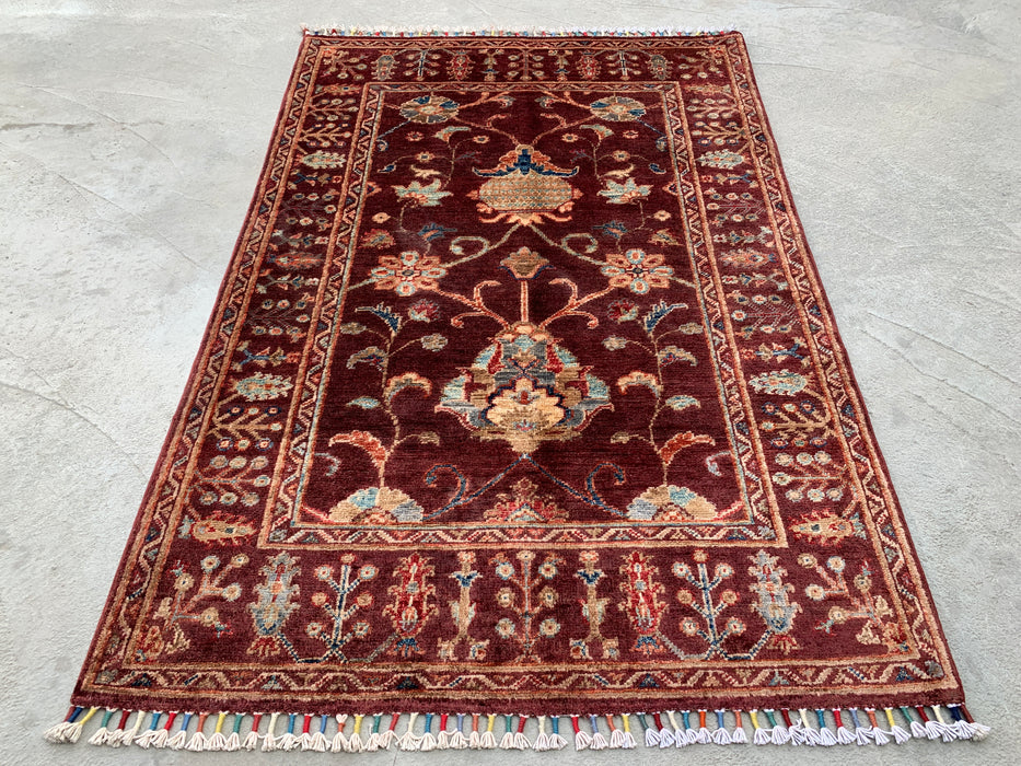 4'11 x 3'4 Hand-Knotted Peshawari Chobi Wool Rug - Burgundy Traditional Floral Area Rug - KBHM-572