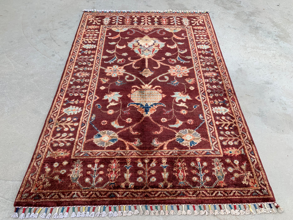 4'11 x 3'4 Hand-Knotted Peshawari Chobi Wool Rug - Burgundy Traditional Floral Area Rug - KBHM-572