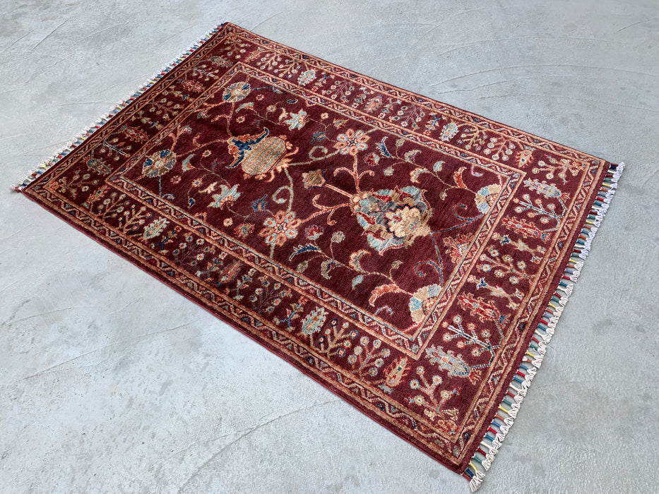 4'11 x 3'4 Hand-Knotted Peshawari Chobi Wool Rug - Burgundy Traditional Floral Area Rug - KBHM-572