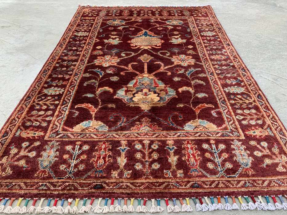 4'11 x 3'4 Hand-Knotted Peshawari Chobi Wool Rug - Burgundy Traditional Floral Area Rug - KBHM-572