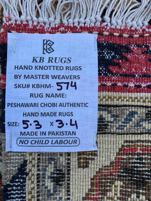 5'3 x 3'4 Hand-Knotted Peshawari Chobi Wool Rug - Ivory Traditional Medallion Area Rug - KBHM-574