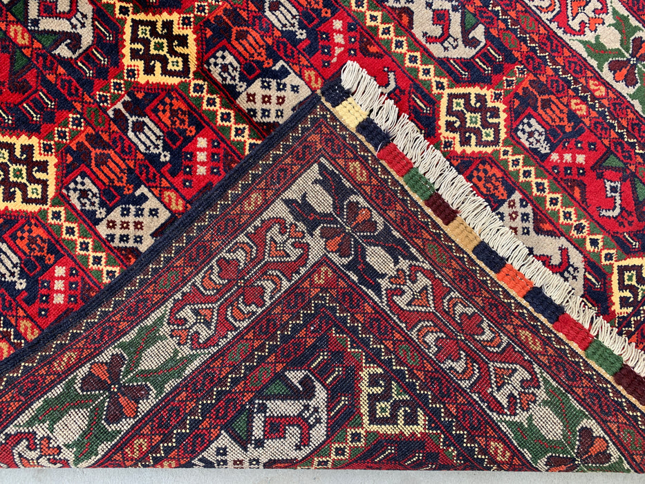 4'11 x 3'2 Hand-Knotted Peshawari Chobi Wool Rug - Red Tribal Geometric Area Rug - KBHM-575
