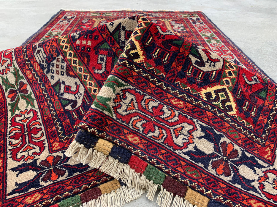 4'11 x 3'2 Hand-Knotted Peshawari Chobi Wool Rug - Red Tribal Geometric Area Rug - KBHM-575