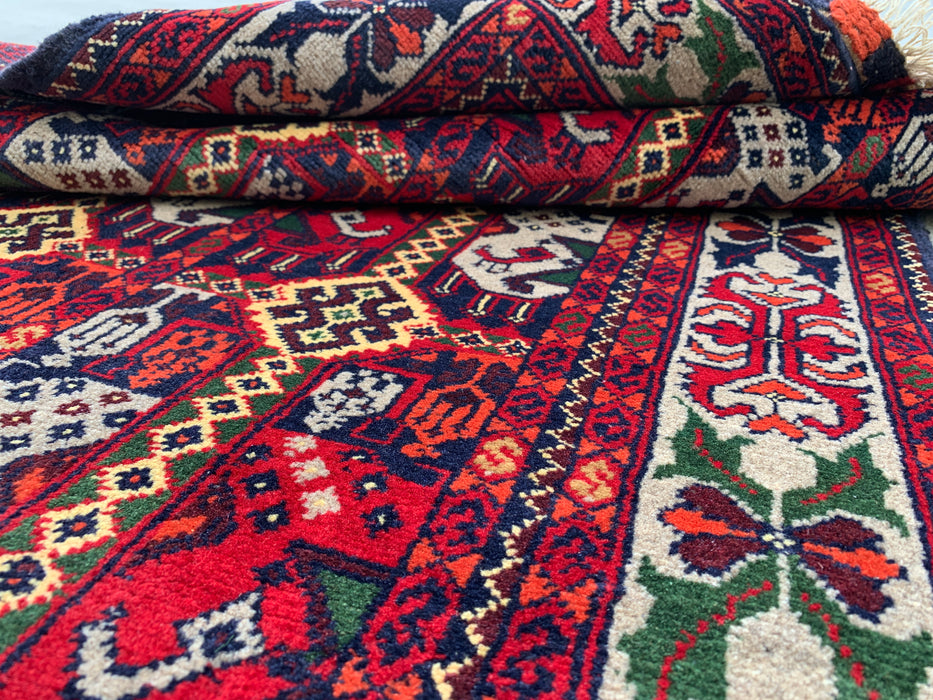 4'11 x 3'2 Hand-Knotted Peshawari Chobi Wool Rug - Red Tribal Geometric Area Rug - KBHM-575