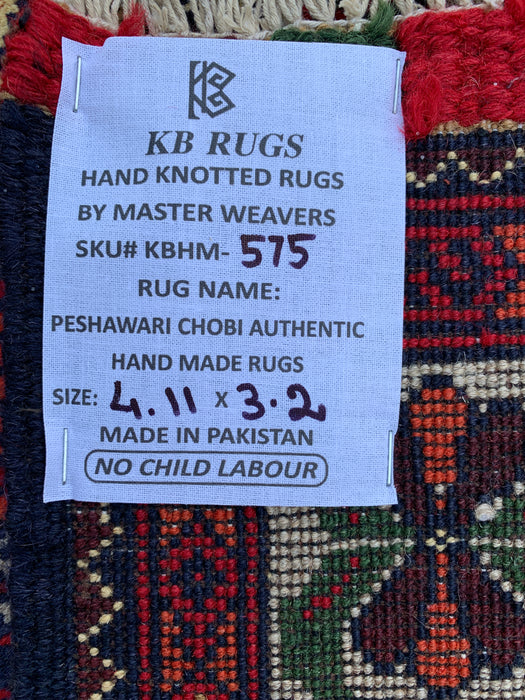 4'11 x 3'2 Hand-Knotted Peshawari Chobi Wool Rug - Red Tribal Geometric Area Rug - KBHM-575
