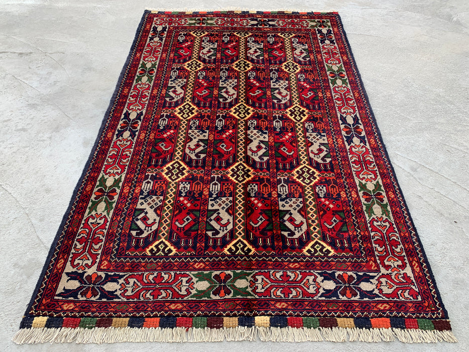 4'11 x 3'2 Hand-Knotted Peshawari Chobi Wool Rug - Red Tribal Geometric Area Rug - KBHM-575