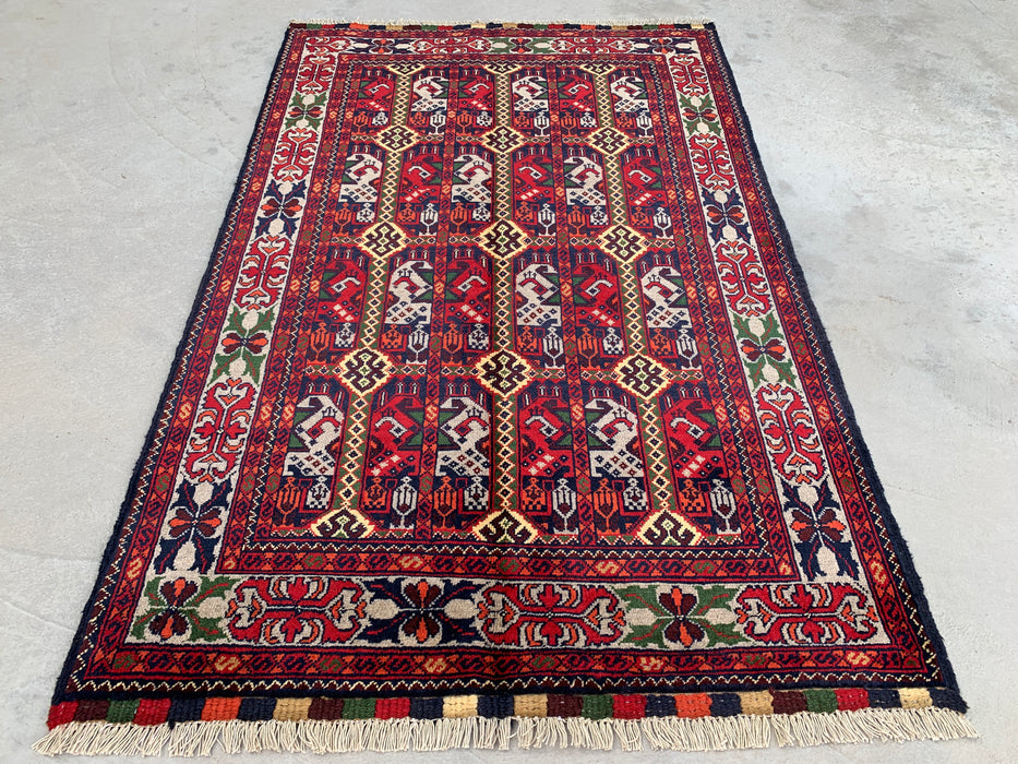 4'11 x 3'2 Hand-Knotted Peshawari Chobi Wool Rug - Red Tribal Geometric Area Rug - KBHM-575