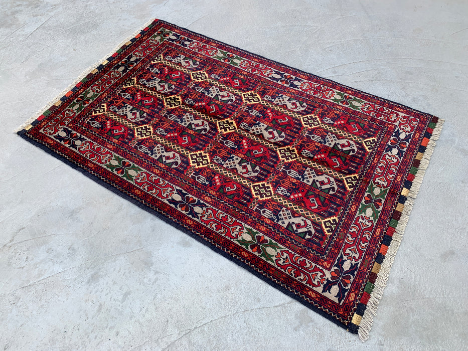 4'11 x 3'2 Hand-Knotted Peshawari Chobi Wool Rug - Red Tribal Geometric Area Rug - KBHM-575