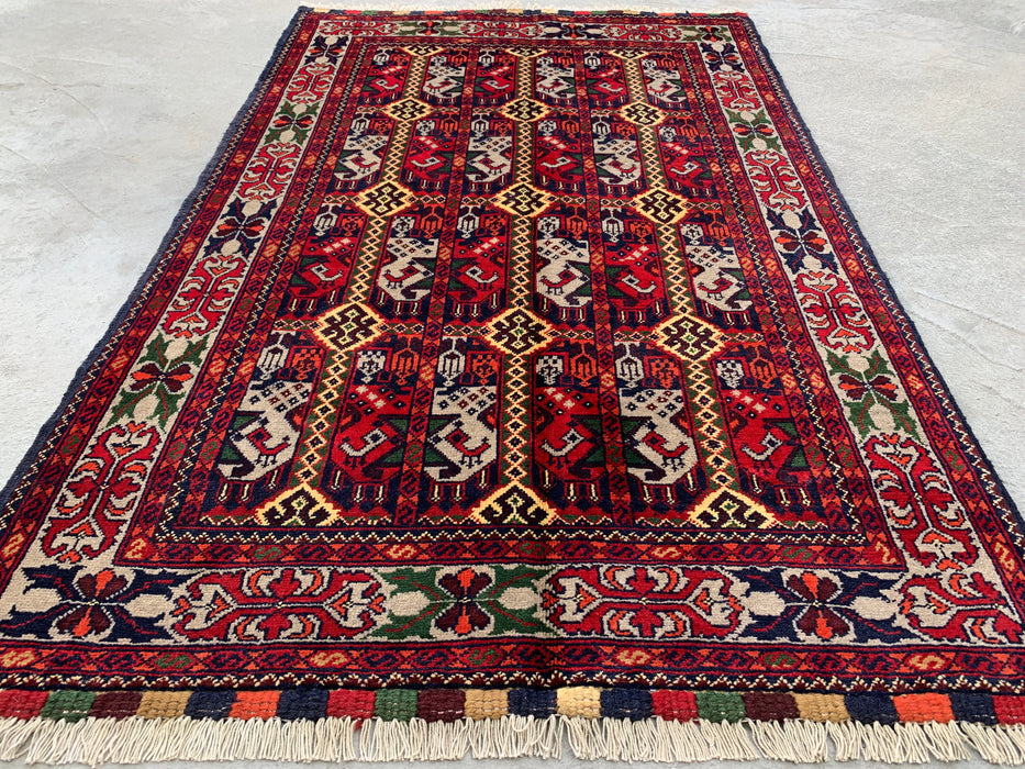 4'11 x 3'2 Hand-Knotted Peshawari Chobi Wool Rug - Red Tribal Geometric Area Rug - KBHM-575