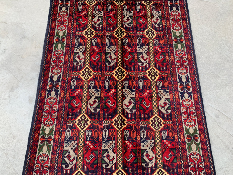 4'11 x 3'2 Hand-Knotted Peshawari Chobi Wool Rug - Red Tribal Geometric Area Rug - KBHM-575