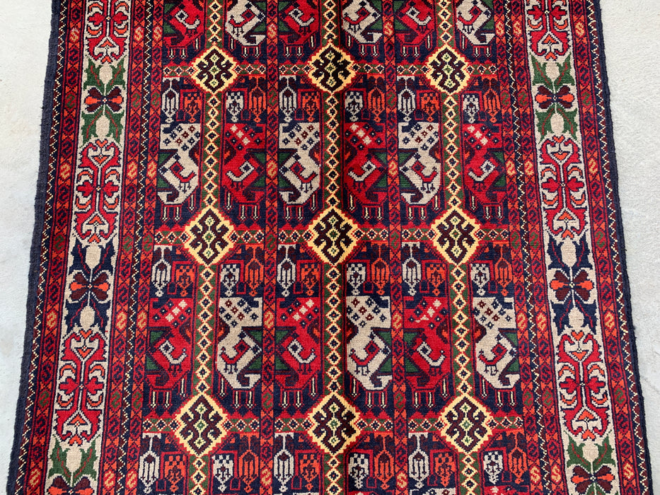 4'11 x 3'2 Hand-Knotted Peshawari Chobi Wool Rug - Red Tribal Geometric Area Rug - KBHM-575