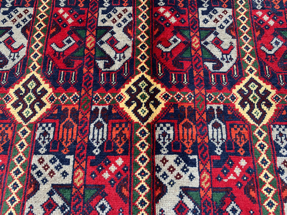 4'11 x 3'2 Hand-Knotted Peshawari Chobi Wool Rug - Red Tribal Geometric Area Rug - KBHM-575