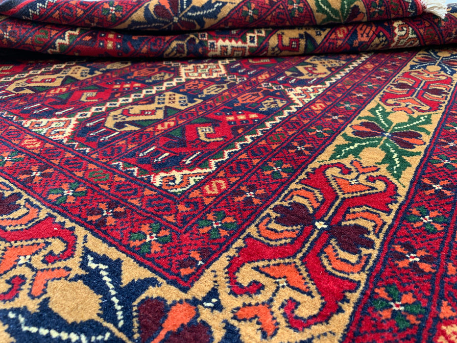 3'11 x 3'4 handgeknoopt Peshawari Chobi wollen tapijt - Rood tribaal geometrisch vloerkleed - KBHM-576