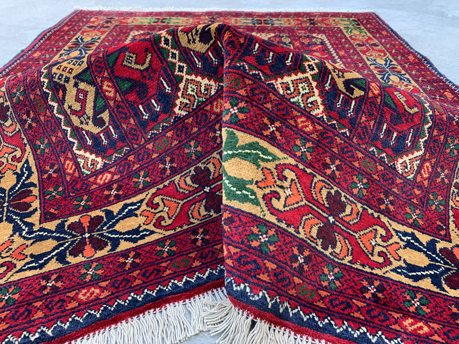 3'11 x 3'4 handgeknoopt Peshawari Chobi wollen tapijt - Rood tribaal geometrisch vloerkleed - KBHM-576