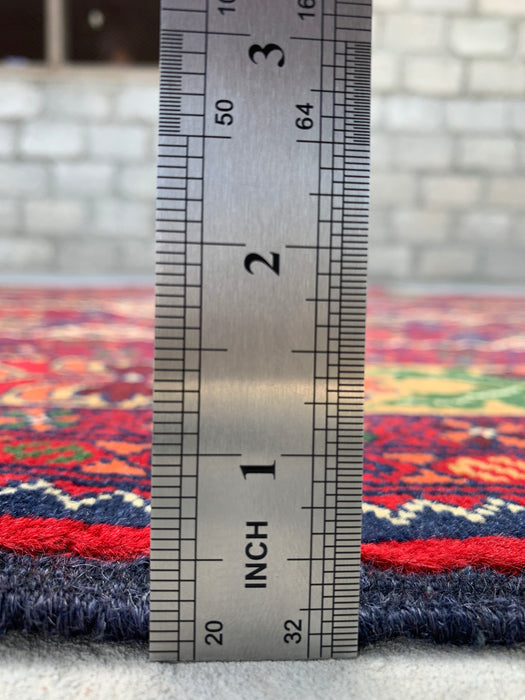3'11 x 3'4 handgeknoopt Peshawari Chobi wollen tapijt - Rood tribaal geometrisch vloerkleed - KBHM-576