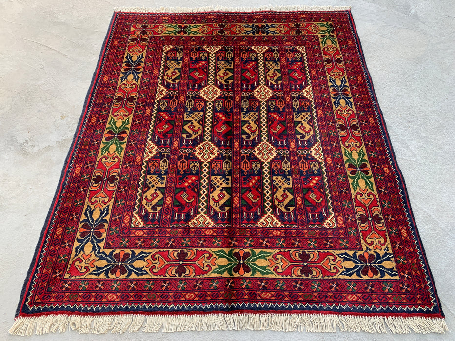 3'11 x 3'4 handgeknoopt Peshawari Chobi wollen tapijt - Rood tribaal geometrisch vloerkleed - KBHM-576