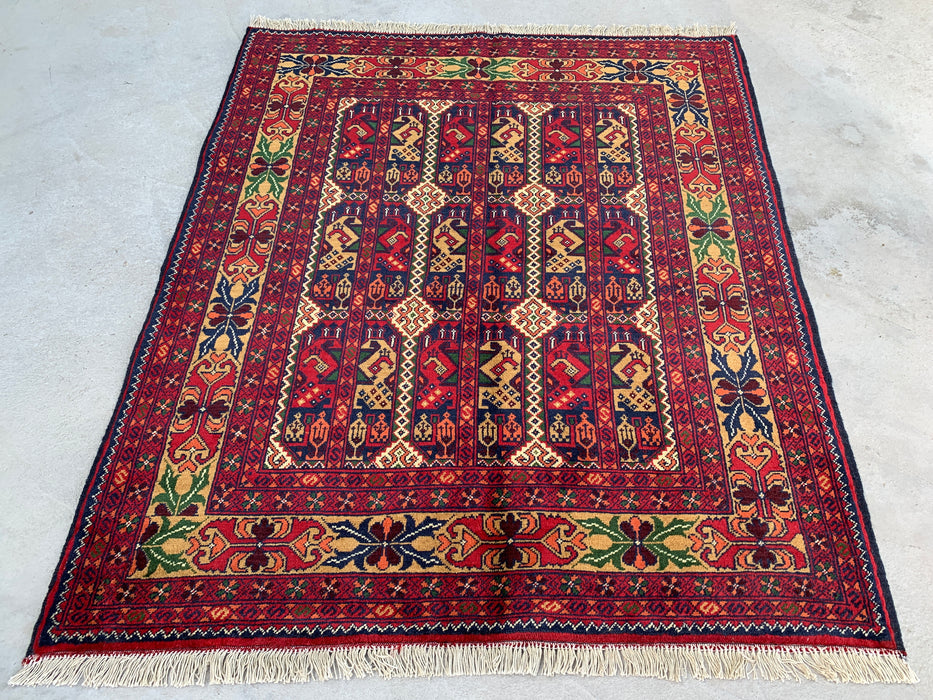 3'11 x 3'4 handgeknoopt Peshawari Chobi wollen tapijt - Rood tribaal geometrisch vloerkleed - KBHM-576