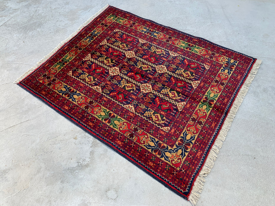 3'11 x 3'4 handgeknoopt Peshawari Chobi wollen tapijt - Rood tribaal geometrisch vloerkleed - KBHM-576