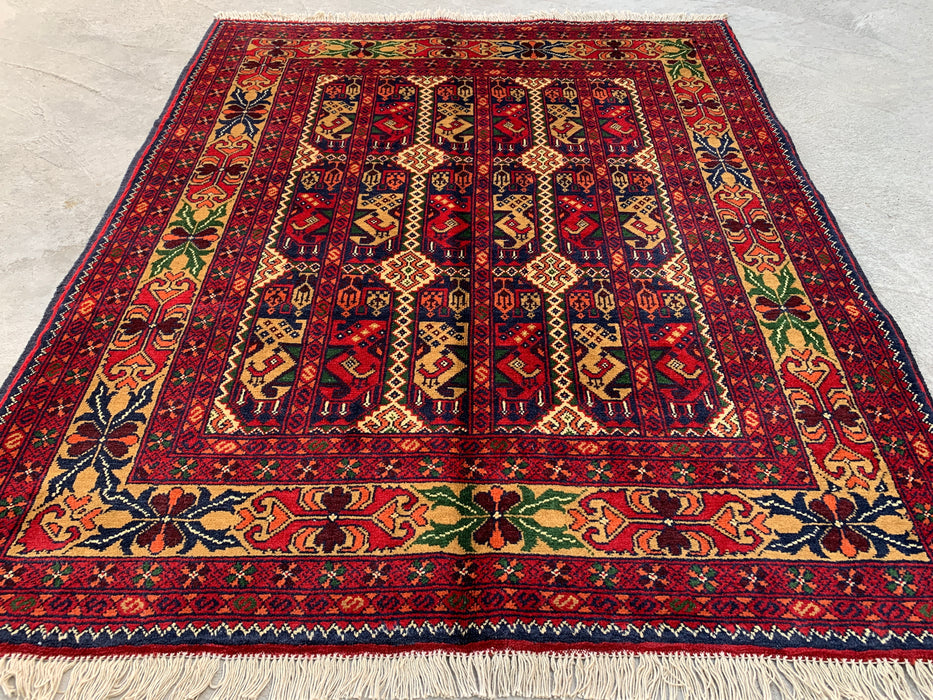 3'11 x 3'4 handgeknoopt Peshawari Chobi wollen tapijt - Rood tribaal geometrisch vloerkleed - KBHM-576