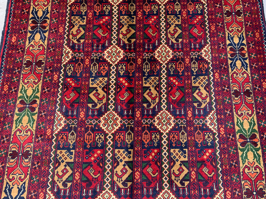3'11 x 3'4 handgeknoopt Peshawari Chobi wollen tapijt - Rood tribaal geometrisch vloerkleed - KBHM-576