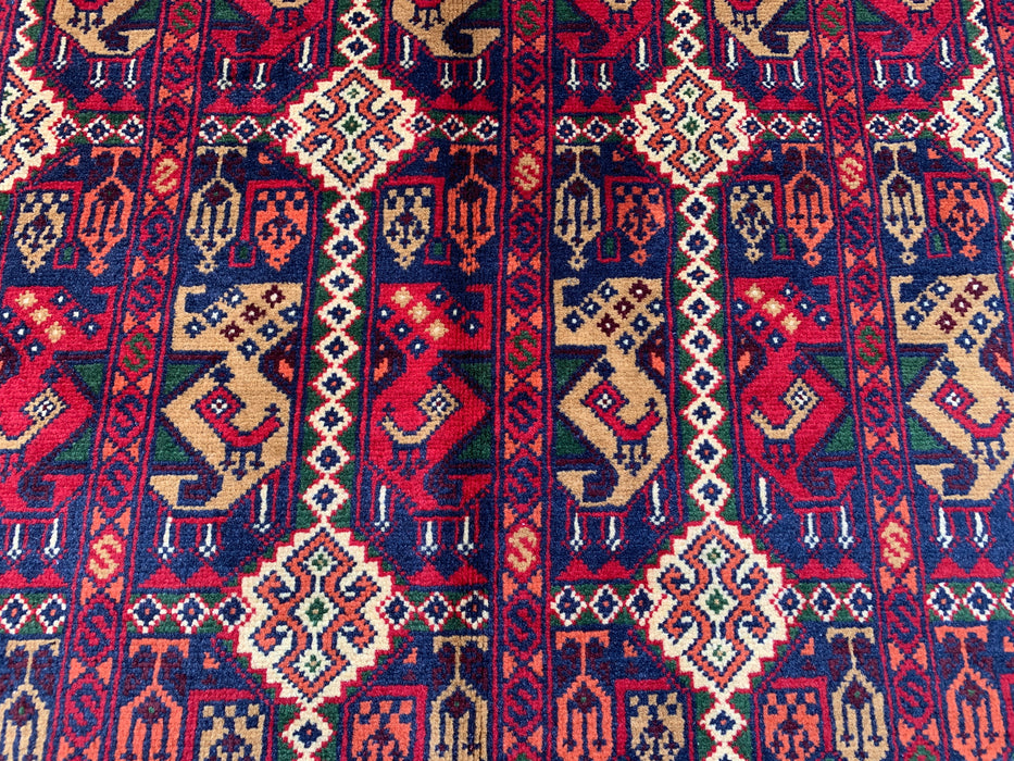 3'11 x 3'4 handgeknoopt Peshawari Chobi wollen tapijt - Rood tribaal geometrisch vloerkleed - KBHM-576