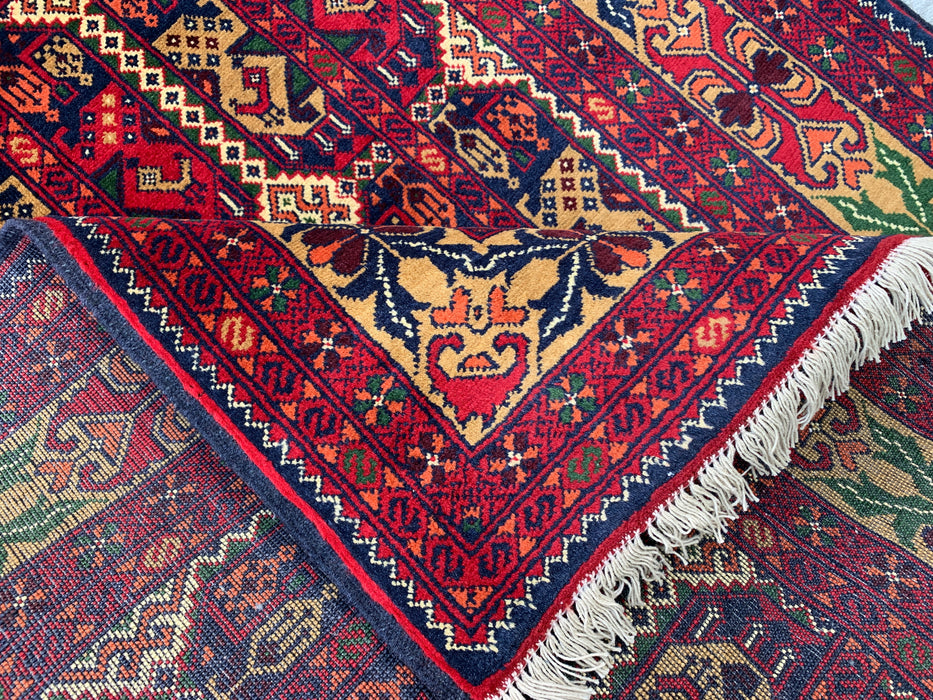 3'11 x 3'4 handgeknoopt Peshawari Chobi wollen tapijt - Rood tribaal geometrisch vloerkleed - KBHM-576