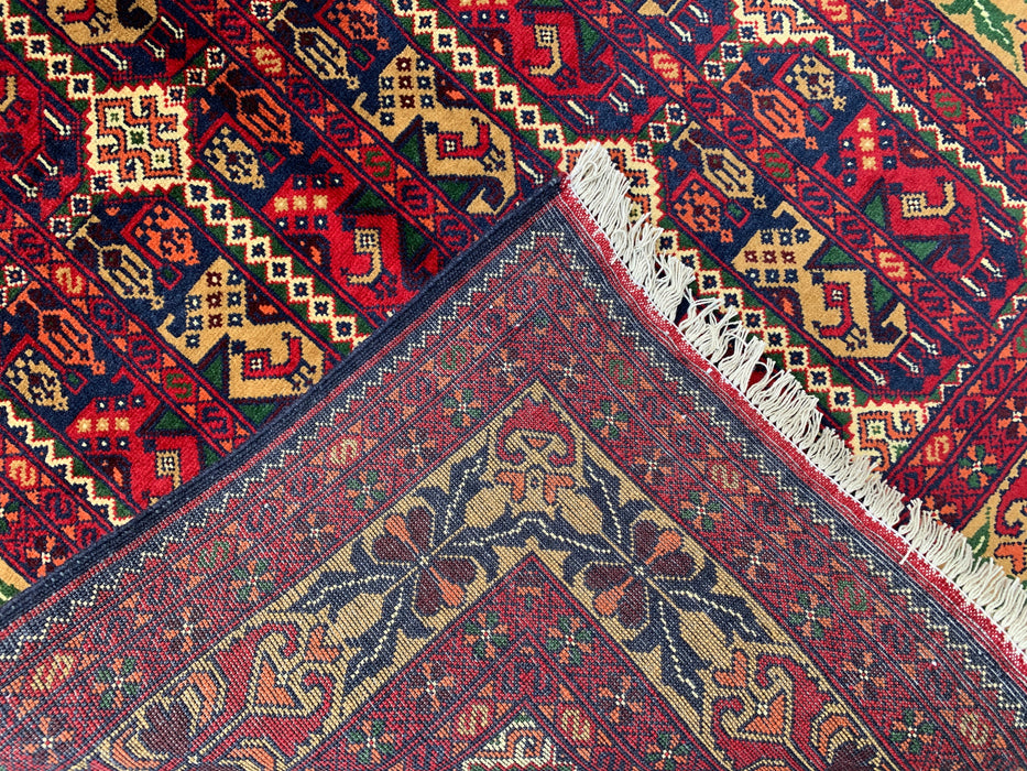 3'11 x 3'4 handgeknoopt Peshawari Chobi wollen tapijt - Rood tribaal geometrisch vloerkleed - KBHM-576