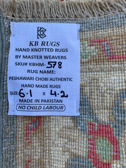6'1 x 4'2 Hand-Knotted Peshawari Chobi Wool Rug - Blue Gray Traditional Floral Area Rug - KBHM-578