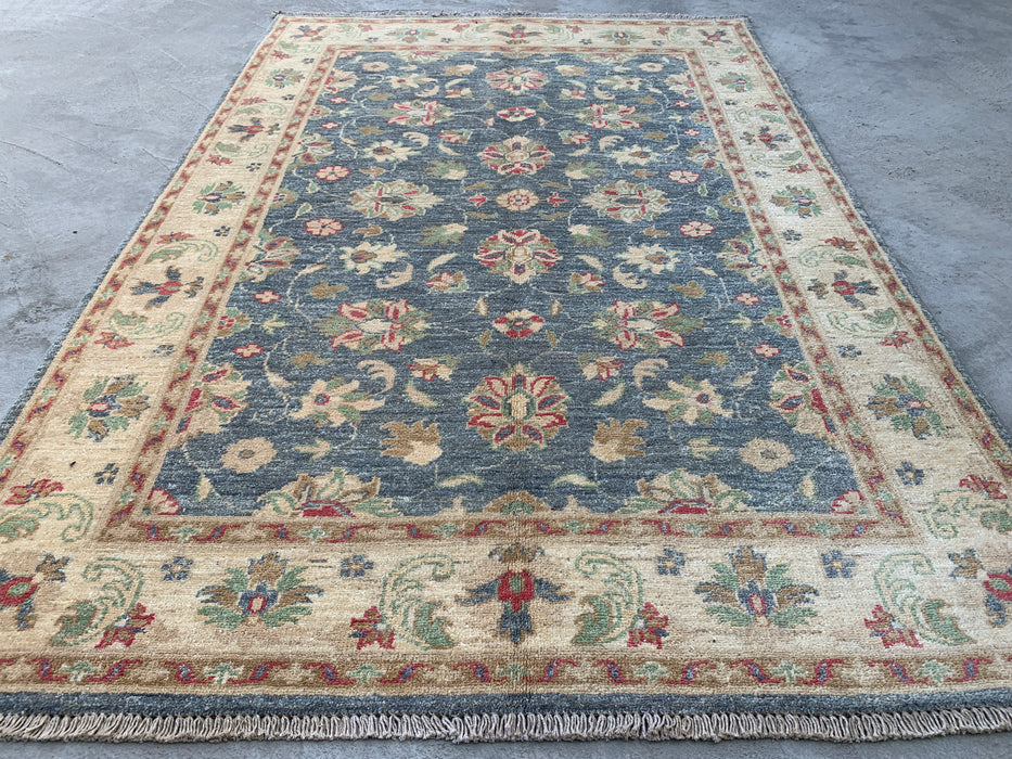 6'1 x 4'2 Hand-Knotted Peshawari Chobi Wool Rug - Blue Gray Traditional Floral Area Rug - KBHM-578