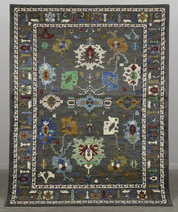 10' x 13' handgeknoopt Chobi Oushak wollen vloerkleed – Houtskool met veelkleurige bloem- en tribale motieven