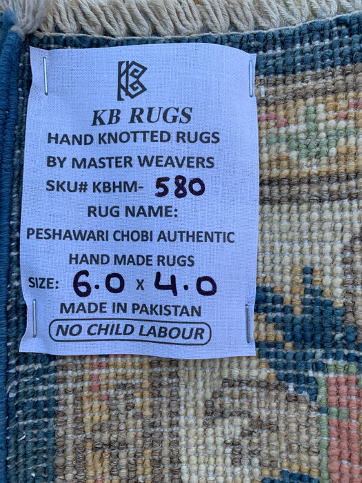 6'0 x 4'0 Hand-Knotted Peshawari Chobi Wool Rug - Blue Traditional Floral Area Rug - KBHM-580