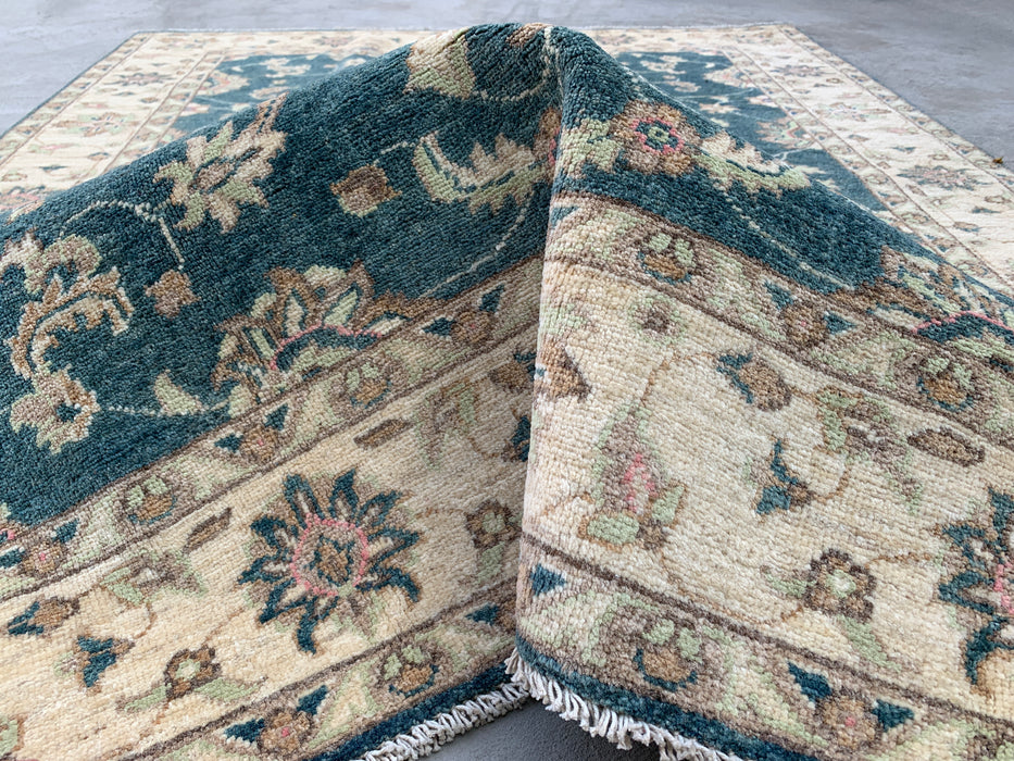 6'7 x 5'1 Hand-Knotted Peshawari Chobi Wool Rug - Blue Green Traditional Floral Area Rug - KBHM-581