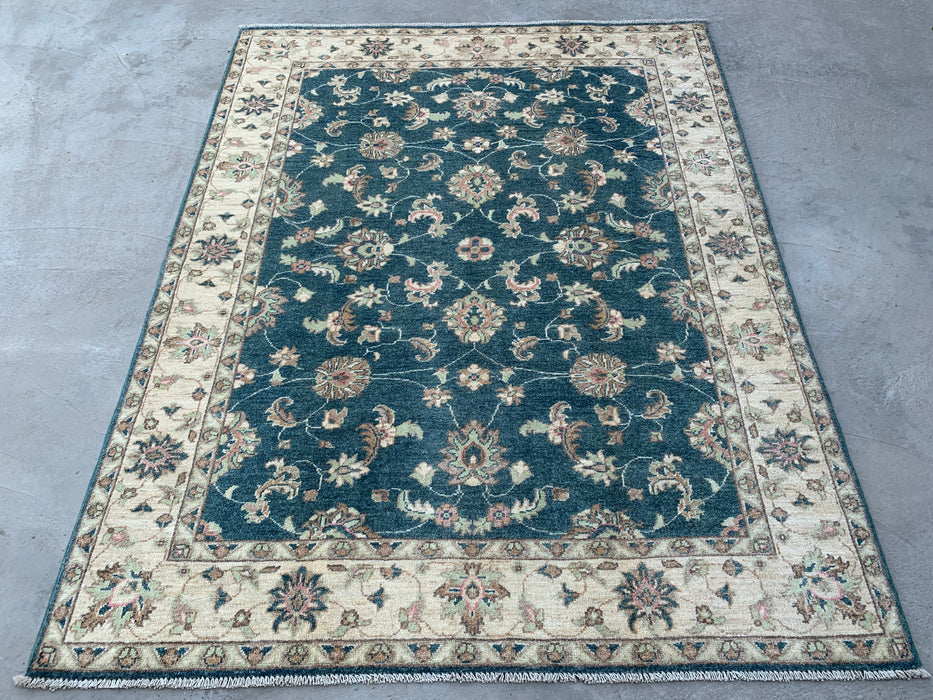 6'7 x 5'1 Hand-Knotted Peshawari Chobi Wool Rug - Blue Green Traditional Floral Area Rug - KBHM-581