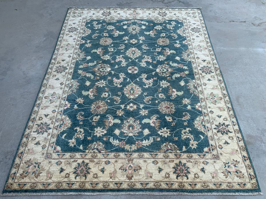6'7 x 5'1 Hand-Knotted Peshawari Chobi Wool Rug - Blue Green Traditional Floral Area Rug - KBHM-581