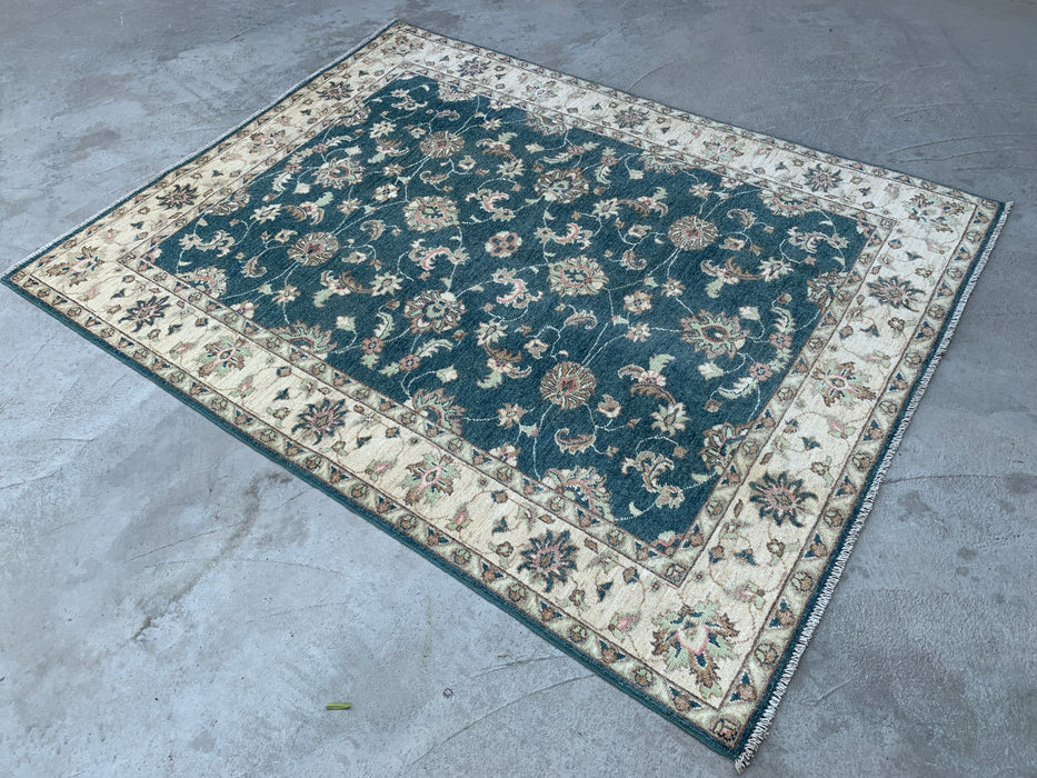 6'7 x 5'1 Hand-Knotted Peshawari Chobi Wool Rug - Blue Green Traditional Floral Area Rug - KBHM-581