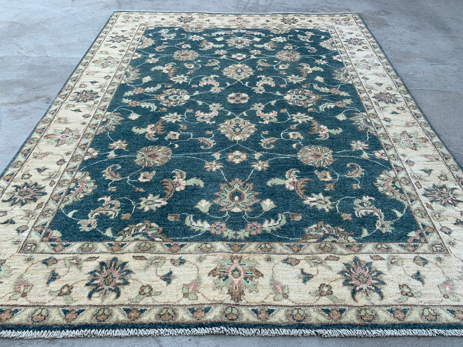 6'7 x 5'1 Hand-Knotted Peshawari Chobi Wool Rug - Blue Green Traditional Floral Area Rug - KBHM-581