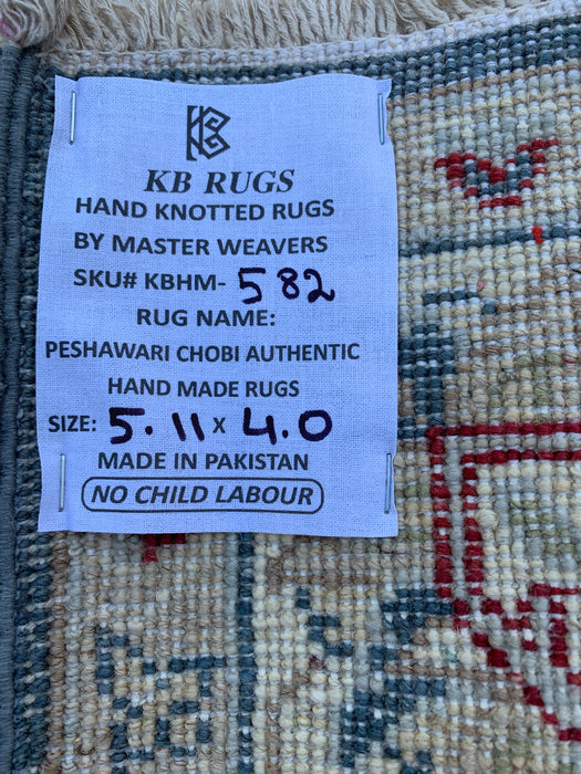 5'11 x 4'0 handgeknoopt Pesjawar Chobi wollen vloerkleed - Blauw traditioneel bloemrijk karpet - KBHM-582