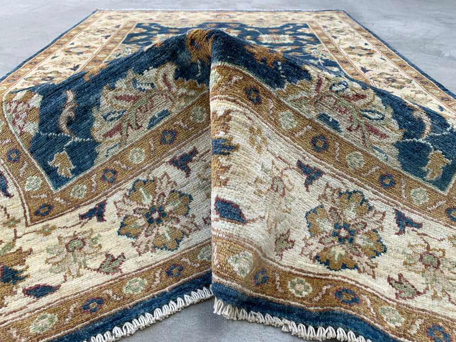 183 cm x 122 cm handgeknoopt Peshawari Chobi wollen tapijt - Blauw traditioneel bloemmotief vloerkleed - KBHM-583
