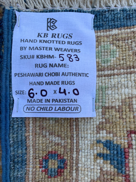 183 cm x 122 cm handgeknoopt Peshawari Chobi wollen tapijt - Blauw traditioneel bloemmotief vloerkleed - KBHM-583